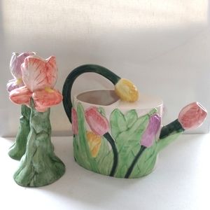Ceramic WCL hand-painted Tulips Vintage watering can w/ two candleholders